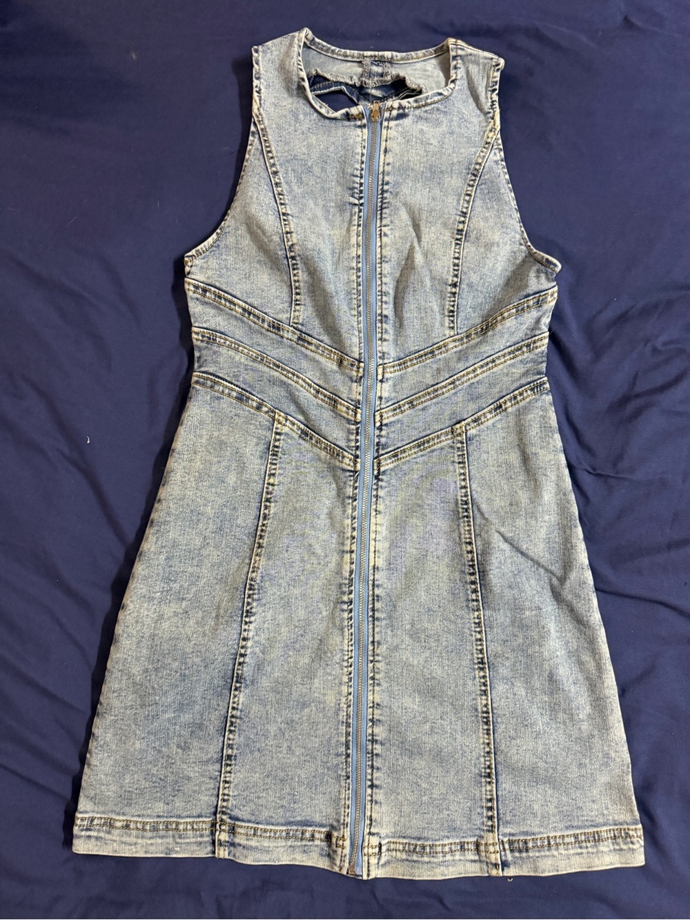 Sleeveless Zip-Front Denim Dress in Light Blue with heart cutout